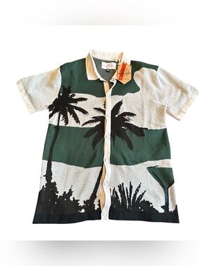 Free Planet Green, Cream & Black Palm Tree Knit Button-Down Shirt